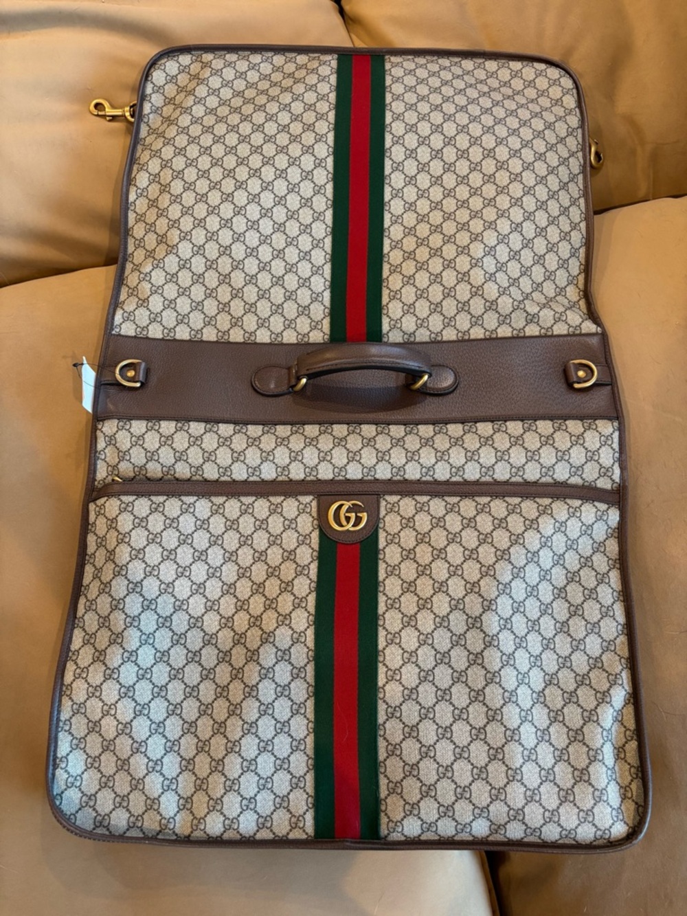 Gucci Ophidia GG Supreme Garment Bag with Brown Trim and Green-Red Stripe